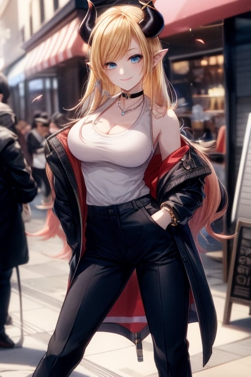 best quality, highres, solo girl, mature, yuzuki_choco, blonde hairs, blue eyes, big breasts, choker, demon_girl, demon horns, horns, jacket, long hair, pointy ears,  masterpiece, best quality, ultra detailed, 8k, highly detailed, detailed face, pose, small smile, delicate hands, wide hips, jewelry, choker necklace, bracelet, black pants, sweater_vest, jacket, high boots, sexy pose, street, sexy, yuzu, 1 girl, 1girl