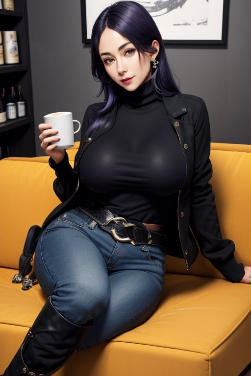 masterpiece, best quality, highres, hmmr1, minamoto no raikou (fate), mature, milf, very long, hair till ground and tied at end, extra long hair, dark purple hair, huge breasts, smooth face, detailed face, detailed hands, giant breasts, small smile, wide hips, jewelry, bracelet, black turtleneck long sweater, black jacket, black dark jeans, caffe shop, sitting, sofa, seductive pose, black high boots, belt, covered, makeup