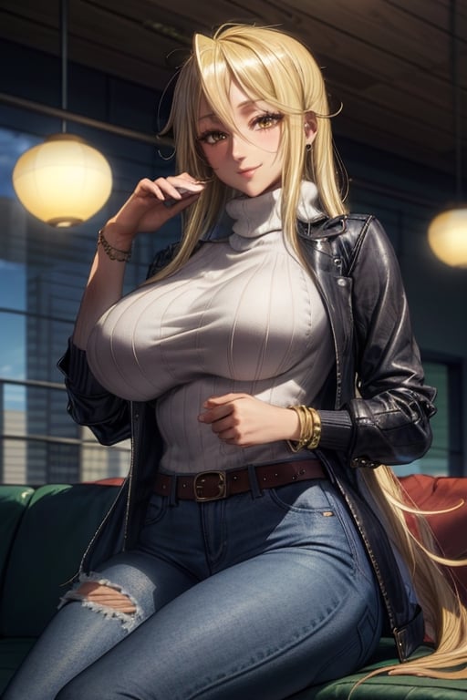 masterpiece, best quality, highres, mature, 1girls, solo girl, marikawashizuka, real Blonde hairs, Brown eyes, smooth face,  gorgeous face, gorgeous eyes, makeup, huge breasts, detailed face, detailed hands, smile, wide hips, jewelry, bracelet, long turtleneck sweater, jacket, jeans, belt, caffe shop, sitting, sofa, seductive pose, high boots,