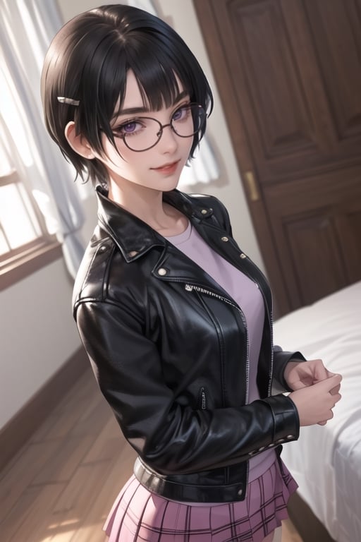 masterpiece, best quality, highres, SOUNA SITRI, solo, 1girl, Violet eyes, mature, black hairs, hairclip smooth face, gorgeous face, gorgeous eyes, detailed face, detailed hands, smile, skirt, shirt, leather jacket, pantyhouse, panties, photorealistic, wide hips, glasses