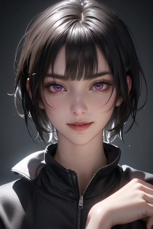 masterpiece, best quality, highres, SOUNA SITRI, solo, purple eyes, mature, black hairs, smooth face, gorgeous face, gorgeous eyes, detailed face, detailed hands, smile, jacket, short pants, photorealistic, wide hips,