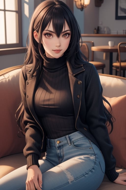 best quality, highres, solo girl, mature, milf, Nagato, black hair, long hair, very long hair, red eyes, big breasts, 1 girl, jewelry, masterpiece, best quality, ultra detailed, 8k, highly detailed, detailed face, small smile, delicate hands, wide hips, black jeans, shirt, open jacket, turtleneck sweater, crimson eyes, caffe, sit on sofa,