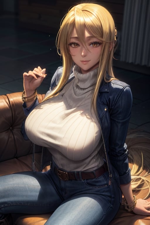 masterpiece, best quality, highres, mature, 1girls, solo girl, marikawashizuka, real Blonde hairs, Brown eyes, smooth face,  gorgeous face, gorgeous eyes, makeup, huge breasts, detailed face, detailed hands, smile, wide hips, jewelry, bracelet, long turtleneck sweater, jacket, jeans, belt, caffe shop, sitting, sofa, seductive pose, high boots,