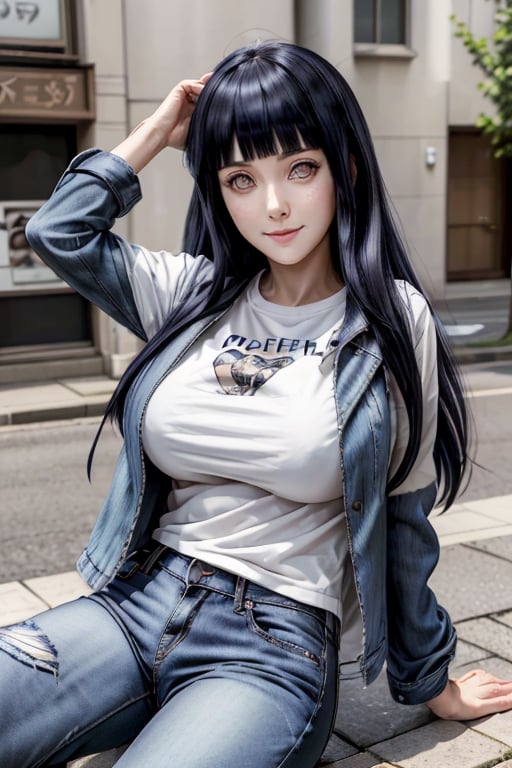 masterpiece, best quality, highres, hinata, solo girl, mature, huge breasts, smooth face, detailed face, black hair, long hair, hime cut, white eyes, smile, delicate hands, seductive pose, t-shirt, jacket, jeans, street