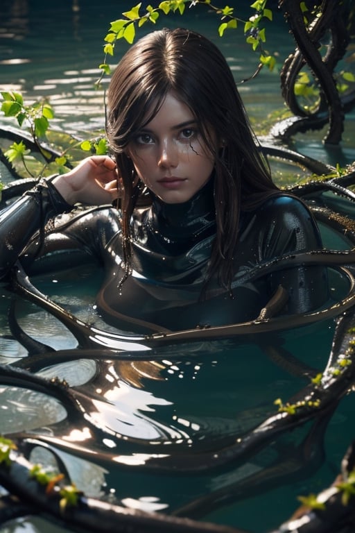 Hyper realistic oil painting of wo_licaprice01 ((submerged in black viscous liquid, aroung vines)), brown hair, hyper detailed, turtleneck dress, gloomy mood, cinematic lighting, trending on artstation