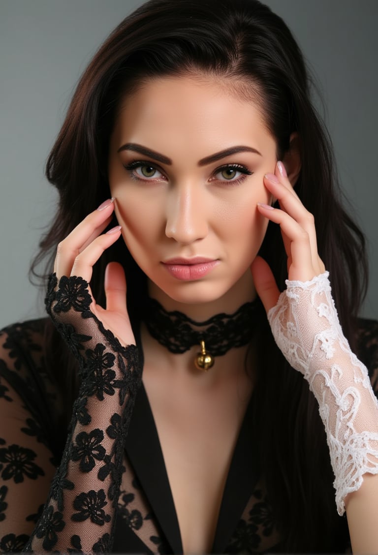 A vogue cover shot of the gorgeous wo4r14Al3. She has a serious expression on her face while arching one of her eyebrows. She is looking directly at the camera, She wears a black lace elegant shirt, a black lace choker with a hanging golden small bell. She also wears a small black lace glove with flower patterns and in the other hand is a white lace glove with flower patterns. She is gently touching with each hand one side of her face. She is wearing simple makeup. The background is simple with a gradient effect