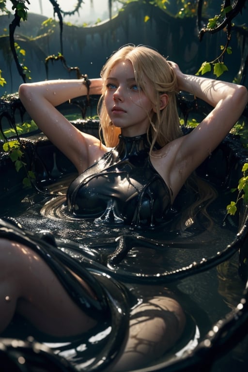 Hyper realistic oil painting of wo_4ngel01 ((submerged in black viscous liquid, aroung vines)), hyper detailed, blonde, white dress, gloomy mood, cinematic lighting, trending on artstation