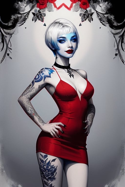 A full body portrait of a woman with white short hair, wearing a red dress, blue lipstick and blue eye shadow, smiling, tattoo on her neck, black and white, digital painting,wo_g0rg301