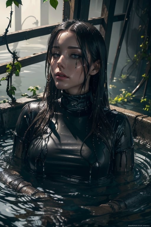 Hyper realistic oil painting of wo_jenwh1te01 ((submerged in black viscous liquid, aroung vines)), hyper detailed, turtleneck dress, gloomy mood, cinematic lighting, trending on artstation