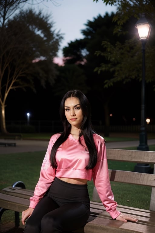 a photo of a long black hair wo_mariaozawa01, in a (park at night:1.5), wearing a pink gym clothes, sitting on a bench, intricated details, hyperdetailed, cinematic, high key, hdr