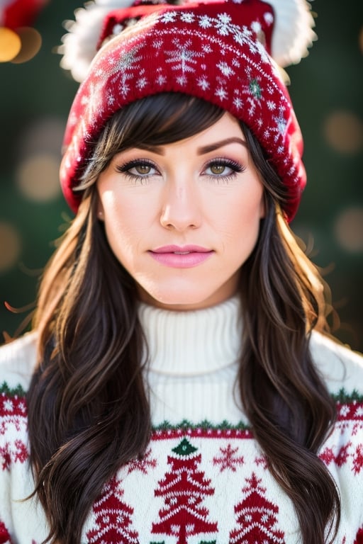 a photo of wo_jenwh1te01, delicate traits, Sharp Focus, low key lighting, shot on Lumix GH5, cinematic bokeh, beanie, (christmas sweater, christmas clothes:1.2), (simple background:1.2), sharp cheekbones, teasing, detailed skin, Detailedface