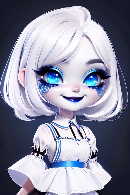 digital painting, upper body shot, white hair, blue eyes, black lipstick and blue eye shadow, wearing a white maid outfit, woman, big eyes, (smile:1.2), black background, wo_g0rg301,chibi