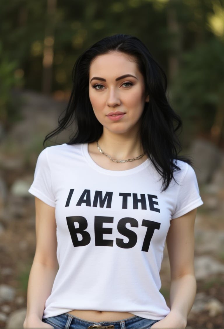 A photo of wo4r14Al3 wearing a designer-style t-shirt with the text "I AM THE BEST" written on it. The t-shirt is white and the text is in bold, black letters. The woman has long, dark hair and is wearing a necklace. She is standing in a natural setting with trees and rocks in the background.