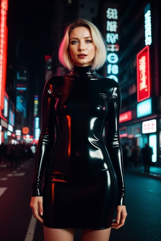 wo_caitbalf01, (bob styled, blonde hair:1.2), wearing a black latex body-hugging DRESS, a 20 yo woman, dark theme, soothing tones, (Cyberpunk), futuristic, neon, urban, dystopian, ISO, cannon, professional photo, sharp, detailed skin, 80mm