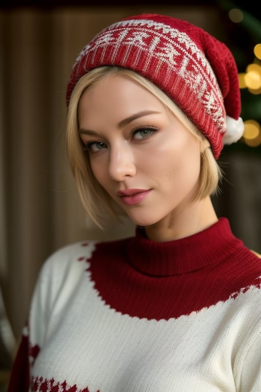 a photo of wo_kaykross01, delicate traits, Sharp Focus, low key lighting, shot on Lumix GH5, cinematic bokeh, beanie, christmas sweater, christmas clothes, blonde short hair, (simple background:1.2), sharp cheekbones, teasing, detailed skin, Detailedface,<lora:659111690174031528:1.0>