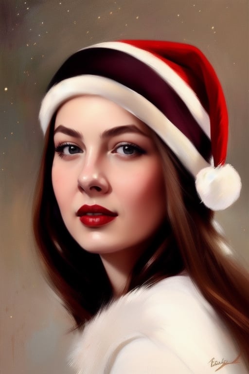 face portrait of wo_flbella01, skin details, a (christmas cap:1.2), vintage dress, style of [Charlie Bowater:Frank Bramley]