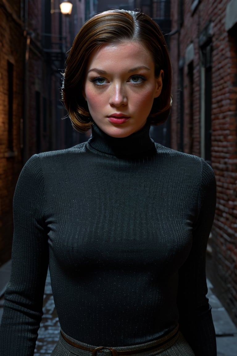 Vintage, upper body Shot, 1930's Poster, Noir Detective, vintage, ohwx woman a turtleneck bodycon, dark exterior lighting, alleyway, artstation, detailed, cinematic, daz, hyper-realistic,, highly detailed, sharp focus, cinematic lighting, highest quality, masterpiece, HDR, 8k, detailed eyes, clear, crisp