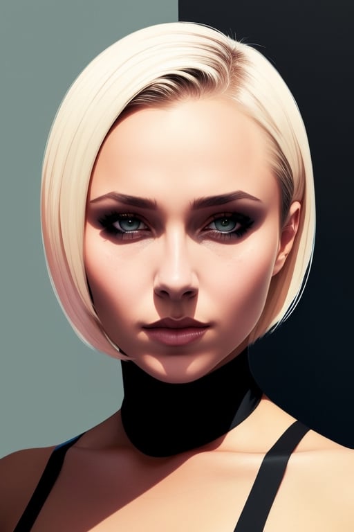 style of David Aja,  wo_haypane01,  short dark blonde hair,  tight bodycon, eye shadow, head portrait,  the wall,  centered,  in frame,  concept art,  digital illustration,  matte,  sharp focus,  smooth,  intrincate