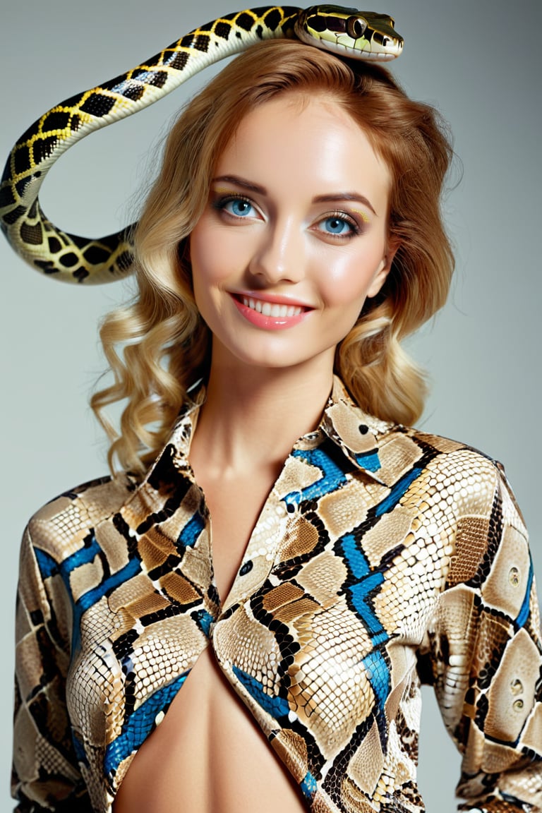 Surrealist art ohwx woman wearing a snake patterned shirt top, (blue eyes:0.5), smile, simple background . Dreamlike, mysterious, provocative, symbolic, intricate, detailed