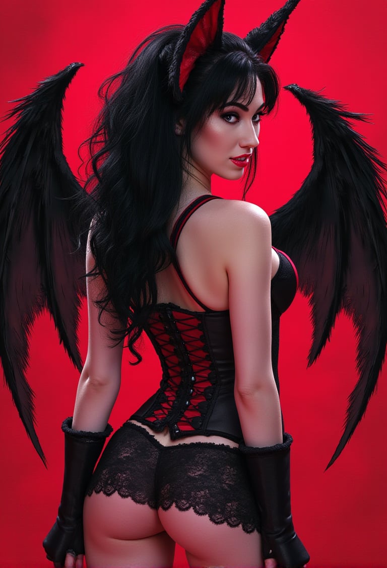 A photo of wo4r14Al3. She embodies evil and supernatural elements, with a striking appearance that includes jet-black hair, red eyes, and a menacing smile. Her outfit consists of a black and red corset, matching gloves, and dark wings. She stands with her back to the screen, looking back at the viewer with an air of danger. The colors in the illustration are bright and contrasting, adding to the overall eerie and captivating atmosphere.