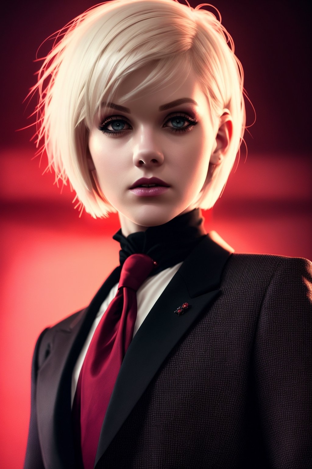 ((short bob hair)) Pale skin, Perfect face, portrait dramatic fantasy render of a beautiful wo_melclarke04 wearing a black suit with red tie with beautiful dramatic dark moody lighting, shadows, cinematic atmosphere, artstation