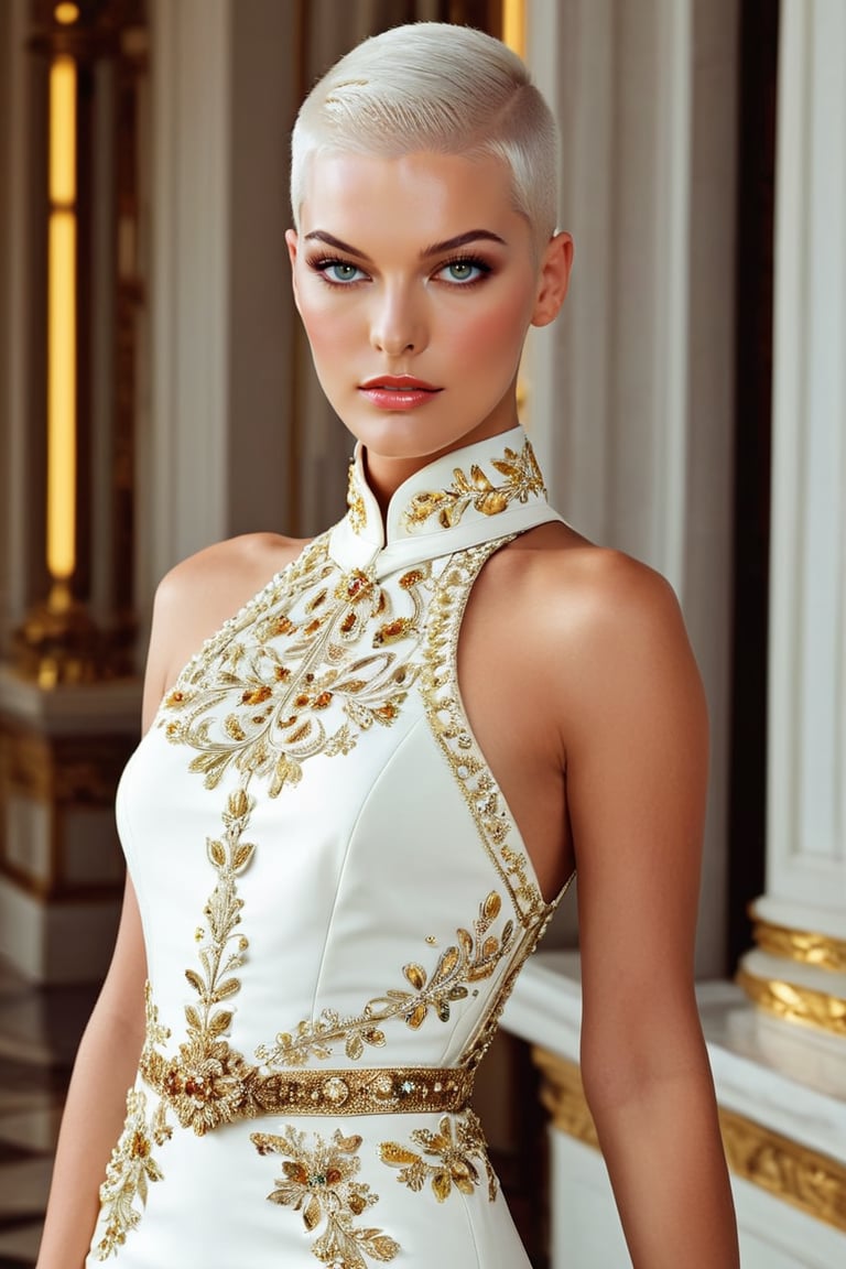 Luxurious Elegance, A photo of ohwx woman, gorgeous skin, shaved head, white hair, short hair:1, buzzcut:1, extravagant, ornate, designer, opulent, picturesque, lavish