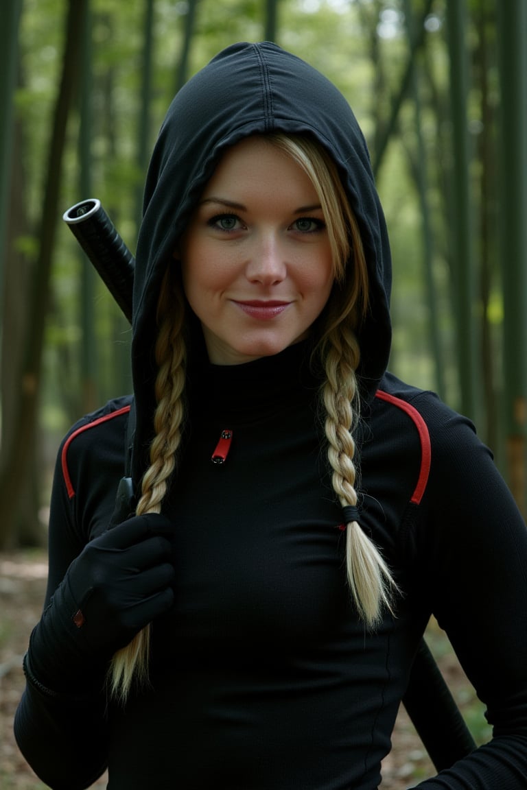 This stealthy portrait shows a blonde woJ3w3l with her hair styled into two tight braids, peeking out from under a black ninja hood. Her smile is faint but deadly, her eyes sharp and calculating. She wears a fitted black tunic with red accents, and her gloved hands rest on the hilt of a sheathed katana strapped to her back. The background is a dense bamboo forest at dusk, the faint sound of wind rustling through the leaves as shafts of moonlight pierce through the canopy, creating an atmosphere of secrecy and tension.