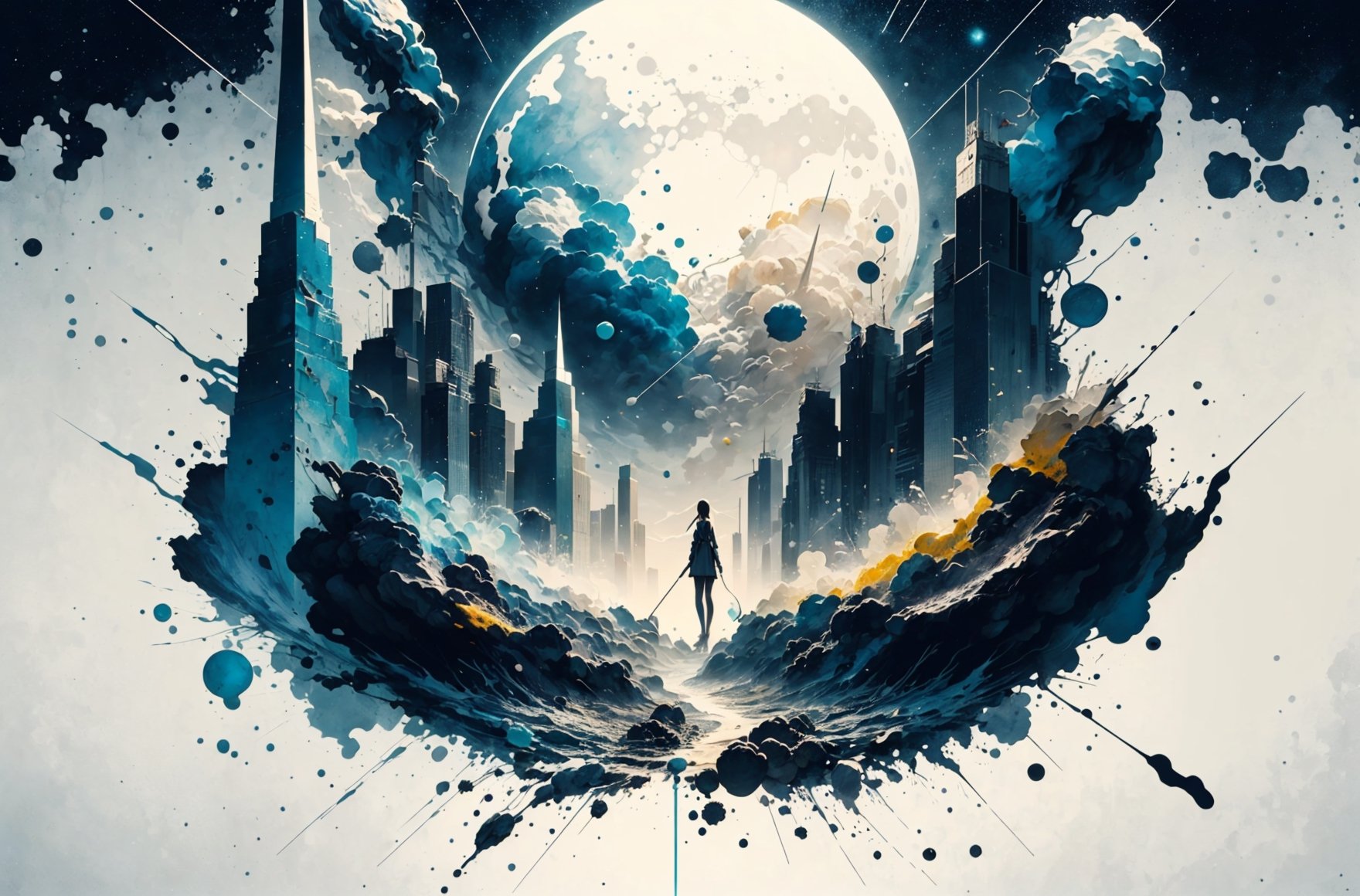 ```1girl, Splatter Art Of Constellations, abstract, futuristic, (geometric:1.2) patterns, (minimalistic:1.3), cosmic elements, (dark background) (sharp lines) (digital art)```