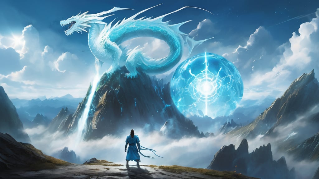 A Black metal future technological gateway on the summit of a jagged mountain peak is open and leaking glowing energy and an alien planet can be seen through the portal, volumetric lighting, realistic, science fiction, large ethereal glowing blue ball that floats in the middle of the frame, it silhouettes a character standing in front of it, standing in high mountain, his hair is very long, monk clothes, a white dragon is flying, white clouds, warm air, blue flow, green flow, heavy cloud flow, depth of field, realistic, cursed energy, wind, lightning ball,