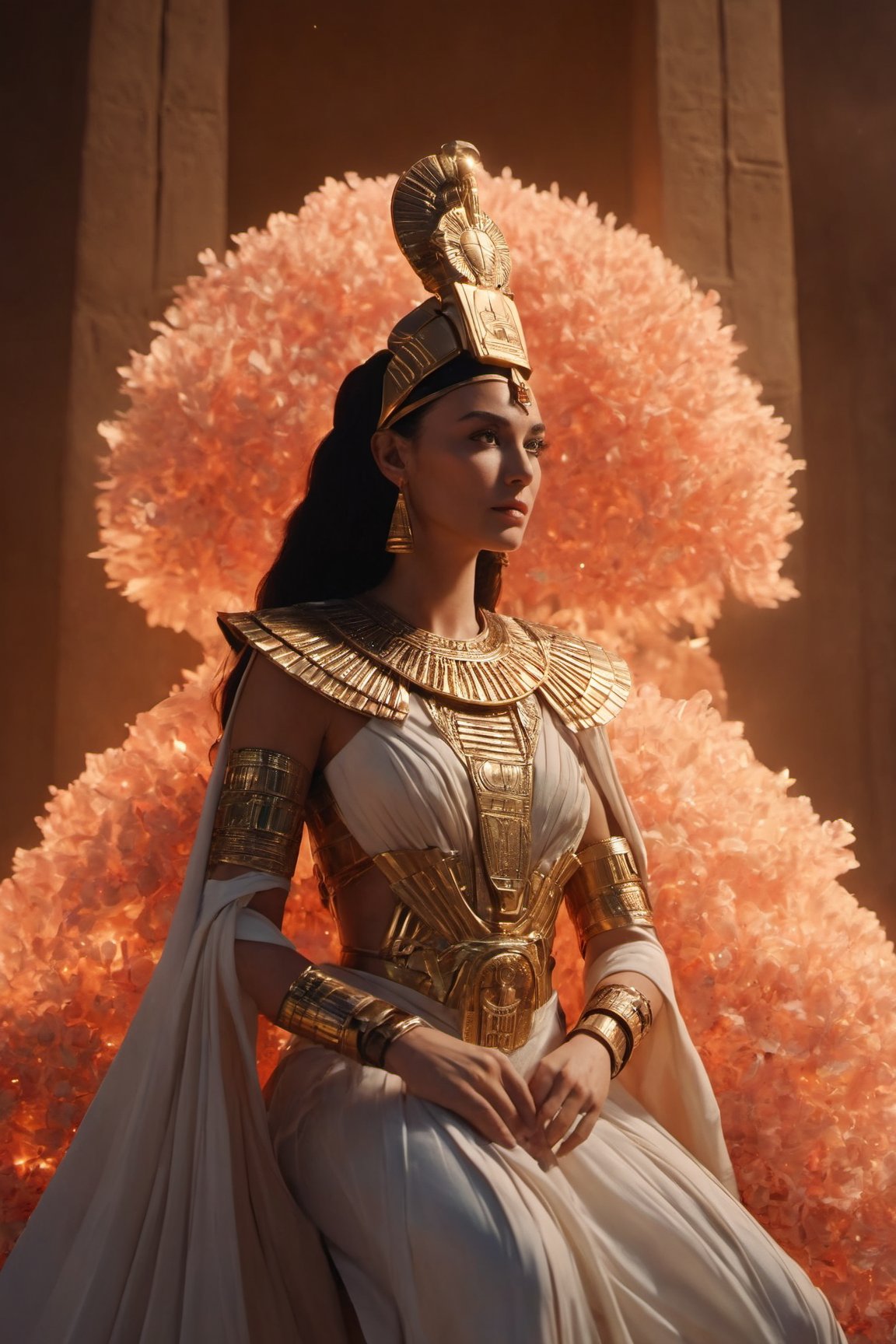 (in Egypt), (Pyramid Egypt behind), (character Isis), egyptian style, ((full body)), fire as part of human body, blonde_hair, nature, subsurface scattering, transparent, translucent skin, glow, bloom, Bioluminescent liquid,3d style,cyborg style,Movie Still,Leonardo Style, warm color, vibrant, volumetric light, xxmix_girl, Monica Bellucci, realistic skin:1.5, (Coral), dfdd, (translucent blooms), aw0k, (((floating energy bubbles))), Floating:1.5, huayu, dancing, 6000, LostRuins, scenery