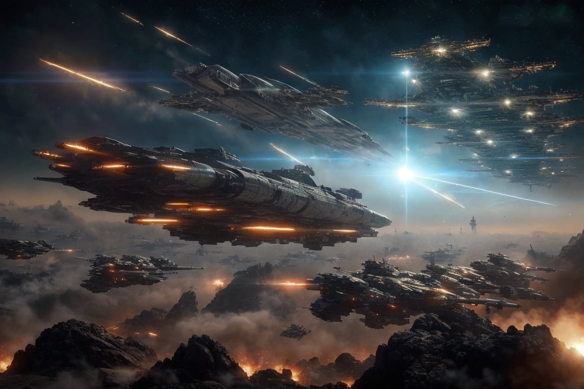 Create an exhilarating masterpiece depicting a pivotal historical event. In the galaxy, a grueling battle unfolds between two opposing forces, divided into three scenes. The bottom-left corner portrays a golden fortress, isolated and lacking support, defended by only a few space battleships and fighters. The middle section captures a brutal clash, witnessing numerous space battleships and fighters meeting their demise. The top-right corner witnesses a surge of silver warships and space fighters. As the war nears its conclusion, beams interlace between the space battleships and fortresses, while missiles continue to be launched from the space fighters. This is an epic war destined for the annals of history.Add more detail,(cyberpunk style, perfect lighting, shadows, sharp focus, 8k high definition, insanely detailed, masterpiece, hiper-realistic, highest quality, intricate details), (dynamic  pose:1.4) ,Cyberpunk, Detailedface, Realism,round ass,IMGFIX,cyberpunk style,cyberpunk,insane details ,high details,more detail XL,More Detail,ff8bg,Add more detail,Lens flare,no humans,scifi_veicle,Nature,Landscape,pointed ears,laser,non-humanoid robot