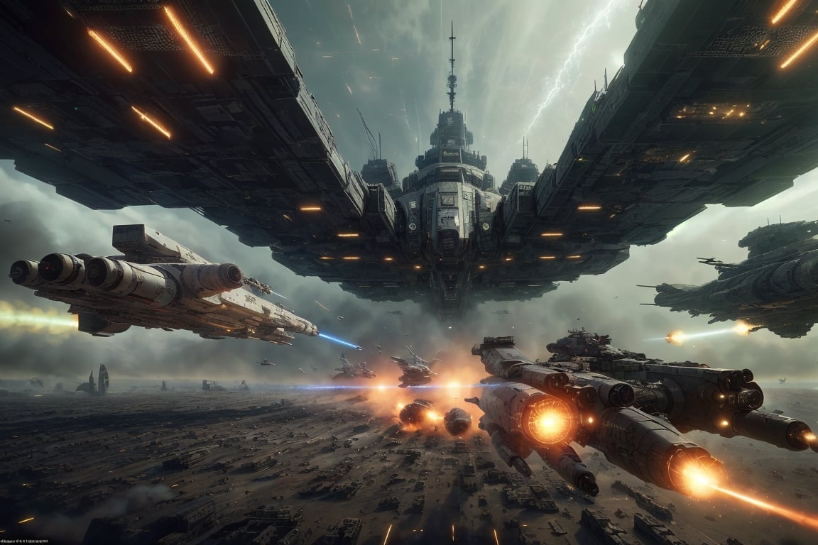 Create an exhilarating masterpiece depicting a monumental event in history. In the galaxy, a grueling battle unfolds between two opposing forces.The bottom-left corner portrays a golden fortress, isolated and lacking support, defended by merely two space battleships and three fighters. The middle section depicts a brutal conflict with ten space battleships and twenty fighters engaged in combat, witnessing six ships destroyed. In the top-right corner, ten silver warships and twenty space fighters surge forward. As the war nears its conclusion, beams crisscross between the space battleships and fortresses, while the space fighters continuously launch missiles. This is an epic war destined for the annals of history,Add more detail,(cyberpunk style, perfect lighting, shadows, sharp focus, 8k high definition, insanely detailed, masterpiece, hiper-realistic, highest quality, intricate details), (dynamic  pose:1.4) ,Cyberpunk, Detailedface, Realism,round ass,IMGFIX,cyberpunk style,cyberpunk,insane details ,high details,more detail XL,More Detail,ff8bg,Add more detail,Lens flare,no humans,scifi_veicle,Nature,Landscape,pointed ears,laser,non-humanoid robot