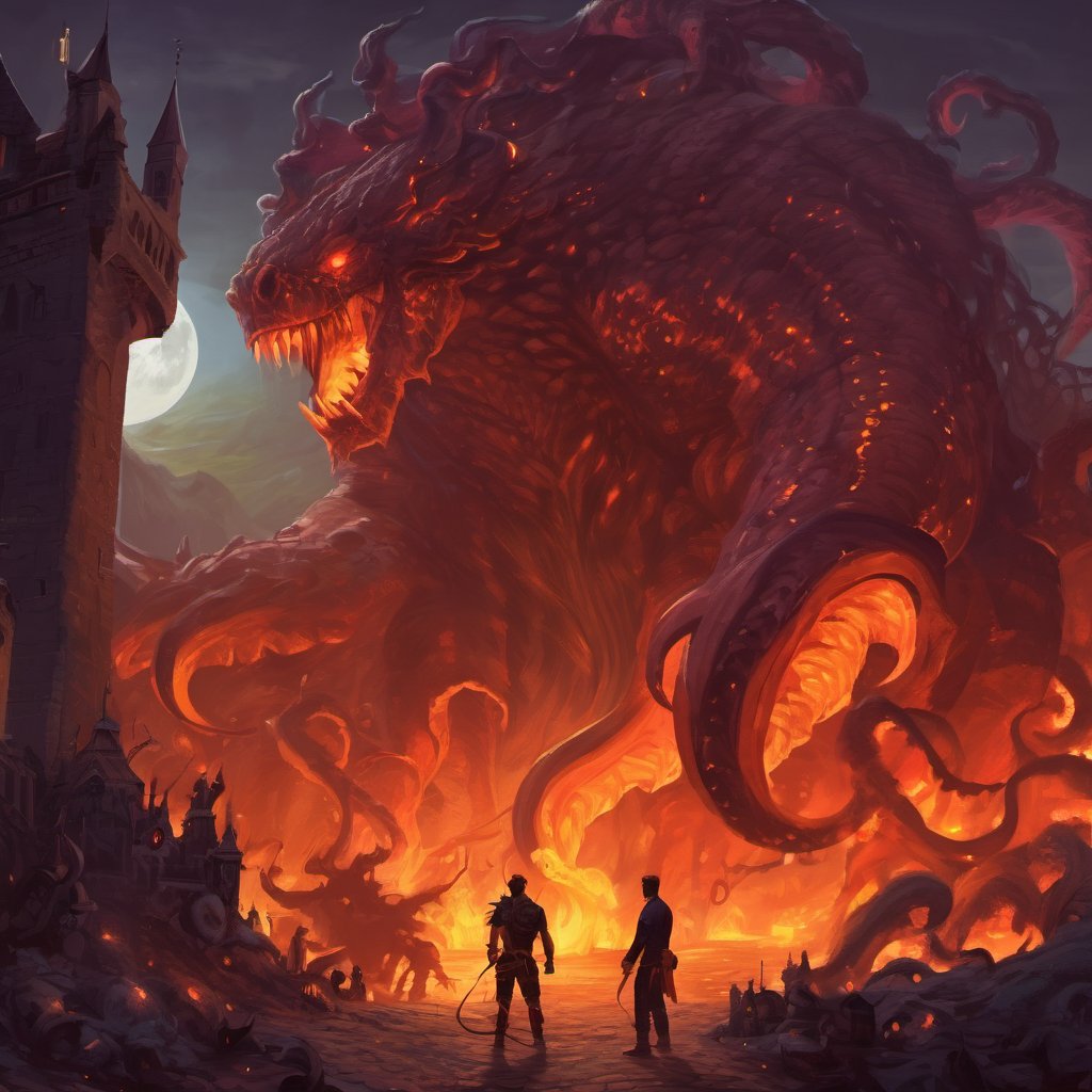 modern man in fantasy world, (monsters), tentacles, tank, castle, fire, moon, dark, night