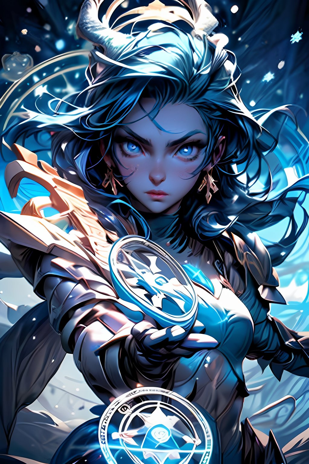 girls, cute, great quality, detailed face, detailed eyes, blue eyes, long hair, blue hair, soft light, glossy skin, beautiful figure, armor, levitation, magic circle, particles, horns, snowing background,weapon