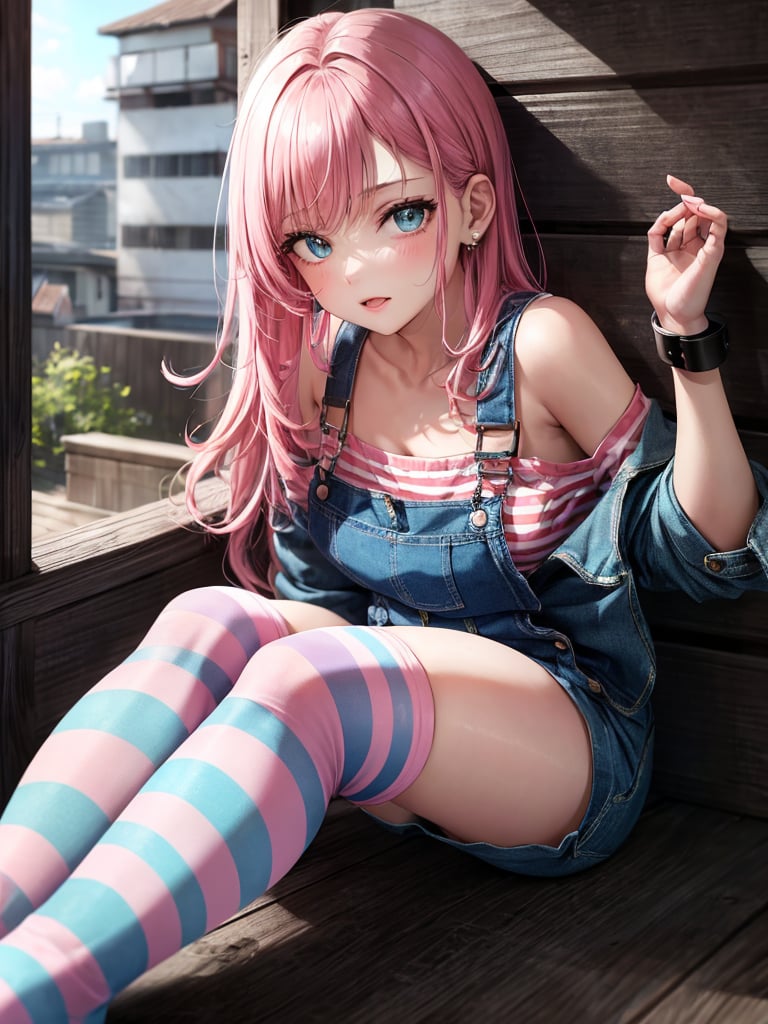 Cute girl, 18 year old, sitting on the floor in wooden house ((rear against the wall)), twiling, ((cuffed denim shortalls)), asymmetrical Bob hair, pink hair, cyan eyes, ((long striped knee socks)), off the shoulder sweater, ultra quality, best quality, ultra detailed, complex background, masterpiece, artstation, unreal engine, detailed background, soft light,