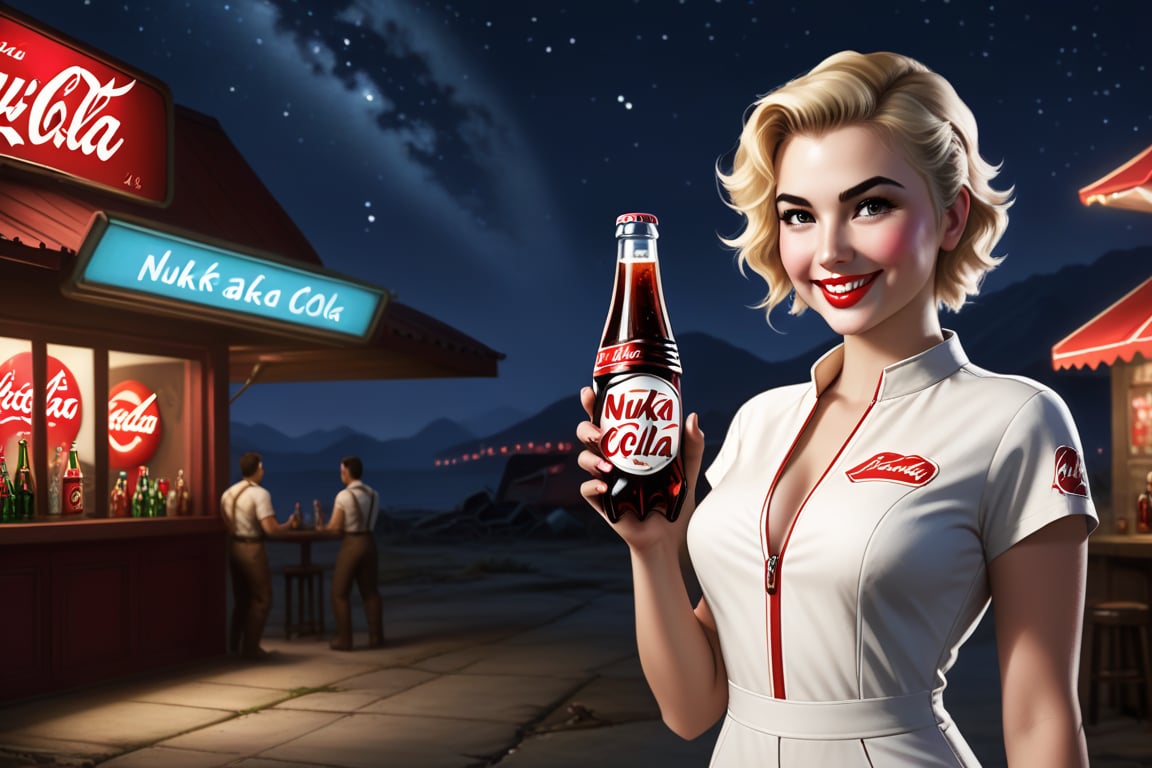 fallout 4 setting, nuka cola advertisment, photorealism, outlines, detailed face,  nighttime, pilot nuka girl, beautiful woman, tight open white jumpsuit with red markings, holding a nukacola bottle, smile, short blonde messy hair, open bar background