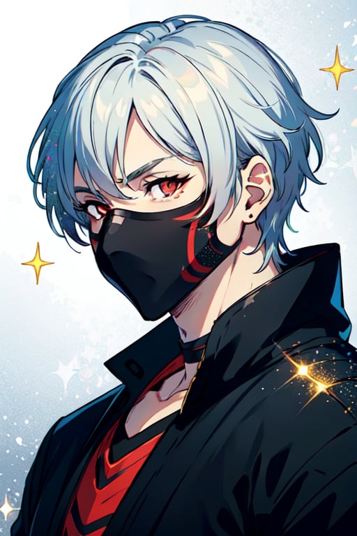 Glittering Portrait, 1 foggy ninja male style, solo, bright red eyes, black ninja clothes, fully covered face, glitter silver perimeter, fully red-white glitter background effect, detailed glittering effect, r1ge, strong aura, close-up upper body