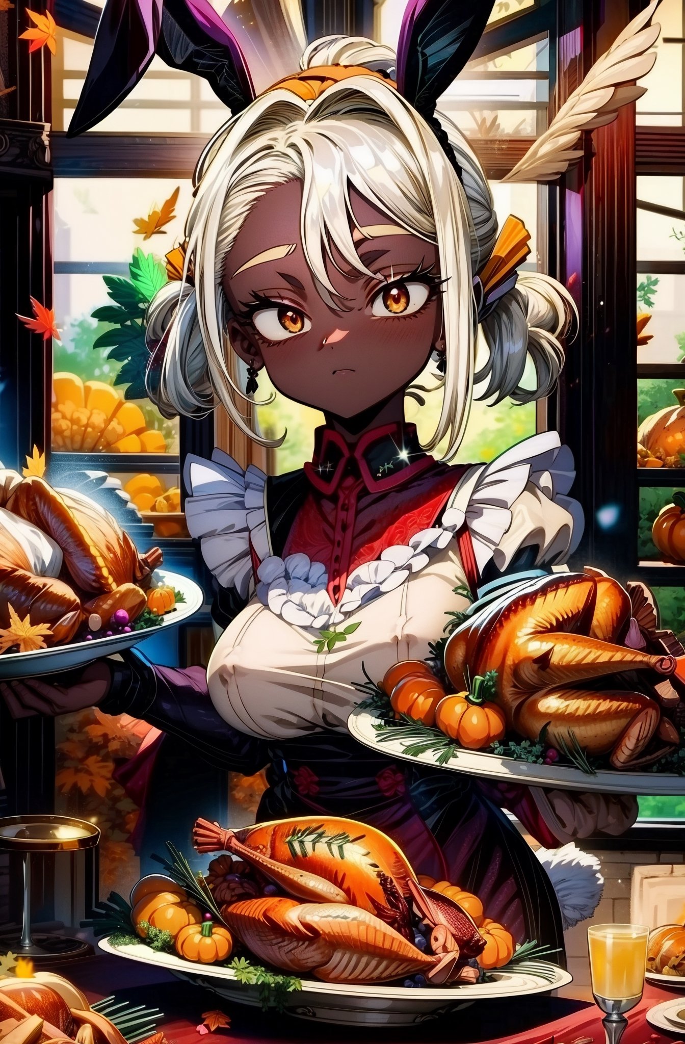 (masterpiece), (thanksgiving:1.4),  big_breasts breasts bunny_ears bunny_girl commission dark-skinned_female dark_skin exposed_breasts exposed_nipples food hidden_pussy long_hair looking_at_viewer miruko my_hero_academia nipples pervert rabbyart rumi_usagiyama thanksgiving turkey voluptuous_female white_hair 