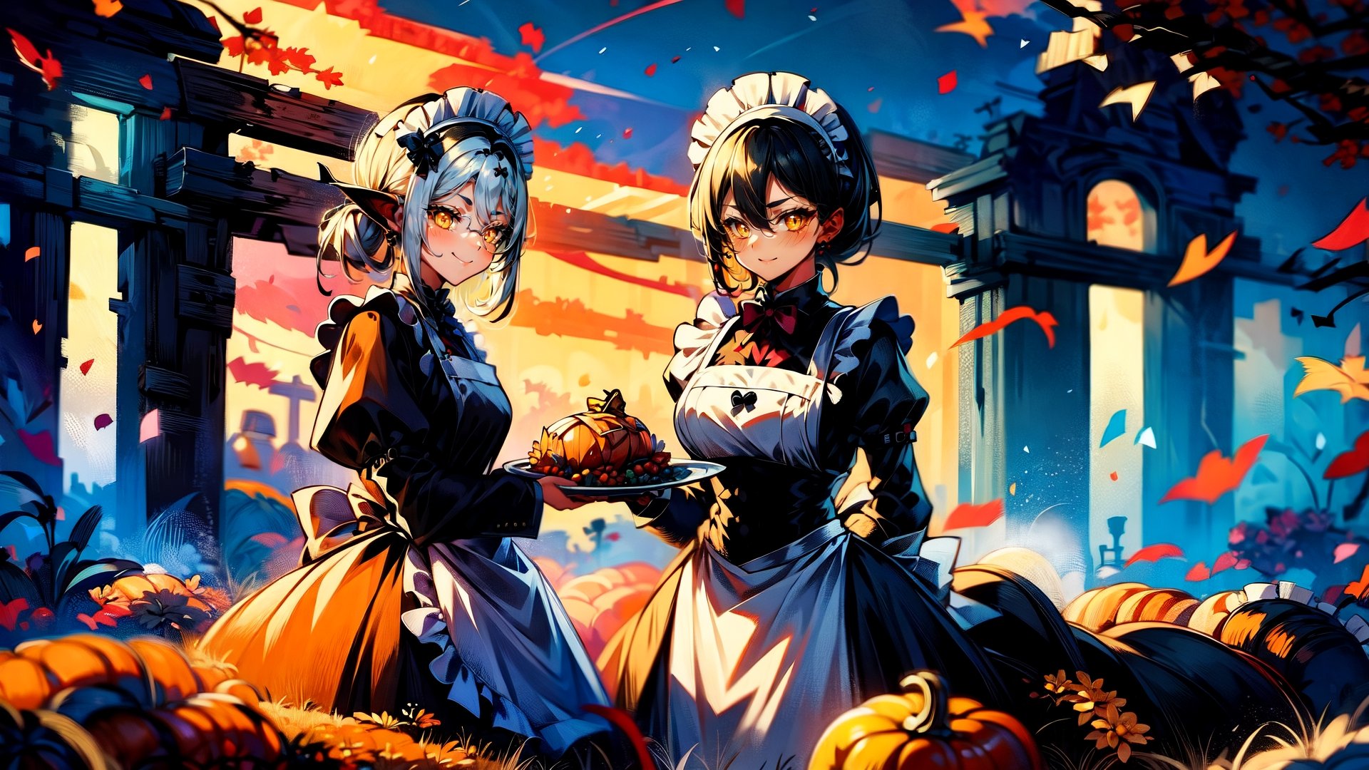 (masterpiece), (thanksgiving:1.4), (2girls, multiple girls:1.2), maid apron, (maid headdress:1.2), silver hair, purple eyes, BREAK, black hair, cat ears, medium breasts, (yellow eyes:1.1),Cyberpunk,Thanksgiving turkey,lamia,horror