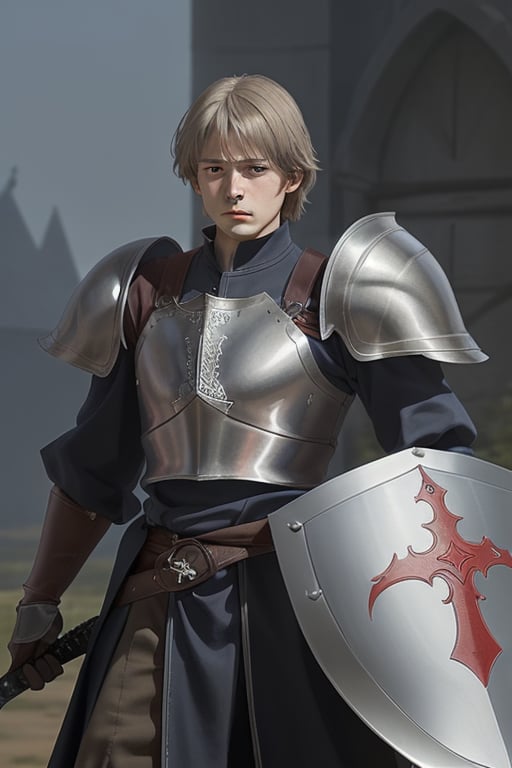 medieval prince preparing for war with large armor, sword and shield