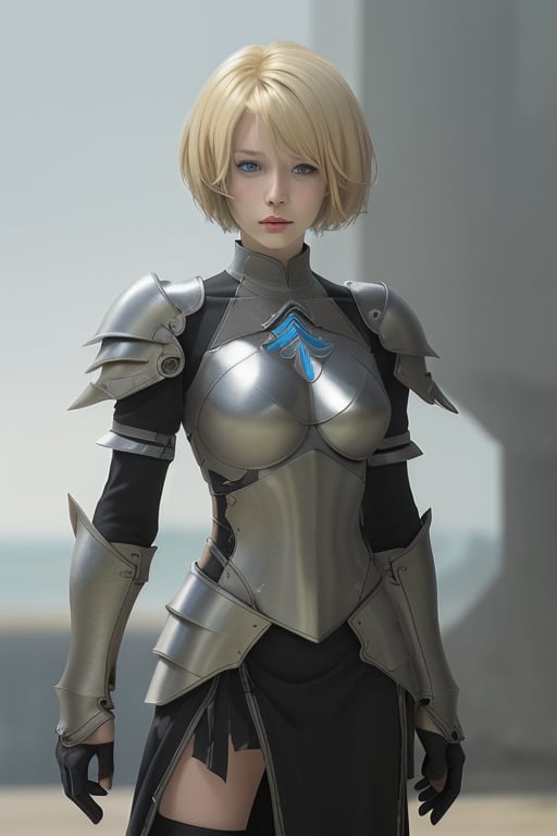 blonde girl short hair with medial armor.