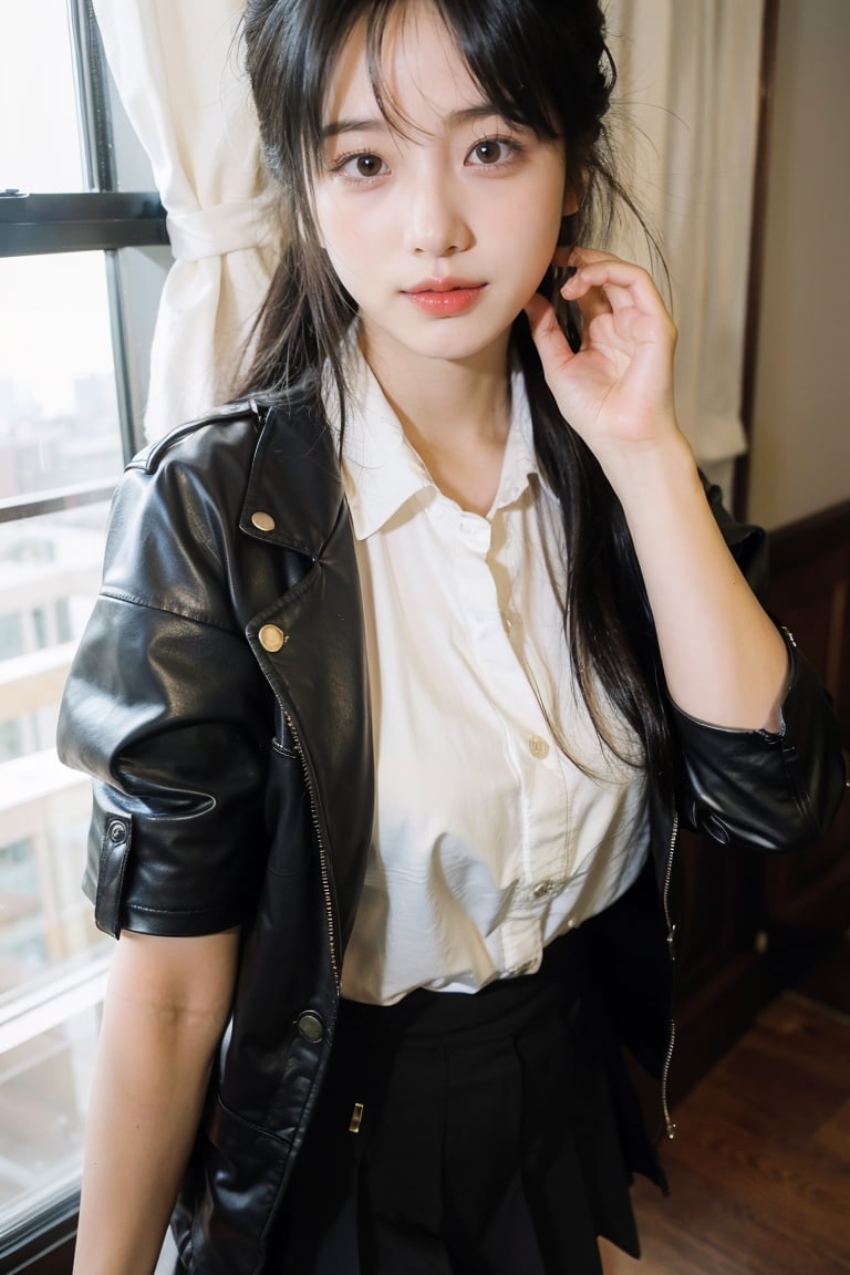 (Realistic, RAW photo), a portrait photograph of a 16-year-old Korean girl,, flash, big breasts,natural skin, , 8k uhd, high quality, film grain, (Fujifilm XT3) ,dream_girl, dynamic expression,  sexy face, (smile:1.3), (happy),(standing)
Character:
Hair: Short, black,
Clothes: Black mini skirt, white blouse,
Other: wearing high heels.