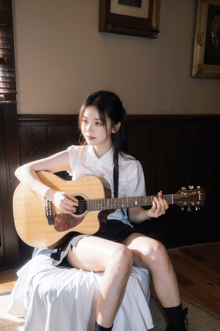 (Realistic, RAW photo), a portrait photograph of a 16-year-old Korean girl,, flash, big breasts,natural skin, , 8k uhd, high quality, film grain, (Fujifilm XT3) ,dream_girl, dynamic expression,  sexy face, (smile:1.3), (happy),(sitting), (playing a guitar),
Character:
Hair: Short, black,
Clothes: Black mini skirt, white blouse,
Other: wearing high heels.