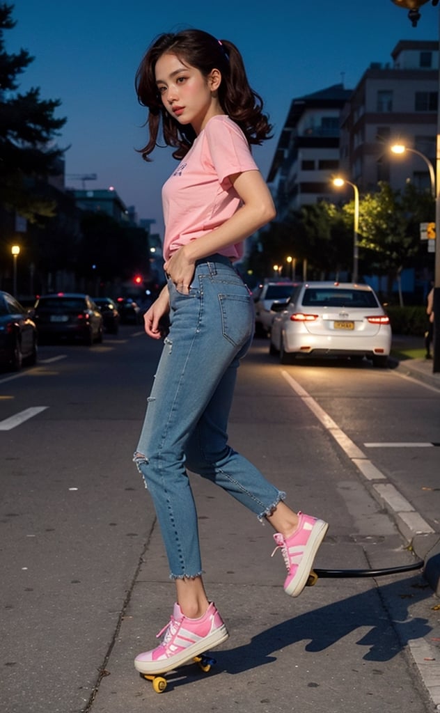 A picture of Jiso from blackpink play skateboard in the park, short jean, pink sleveless shirt, full body, night scene, street light, cars headlamp,fire_particles, sexy posture, brown eyes, brown curly hair, all body looking away, jumping, from_front side_view,4ngel,zzenny_n