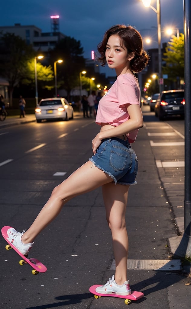 A picture of Jiso from blackpink play skateboard in the park, short jean, pink sleveless shirt, full body, night scene, street light, cars headlamp,fire_particles, sexy posture, brown eyes, brown curly hair, all body looking away, jumping, from_front side_view,4ngel