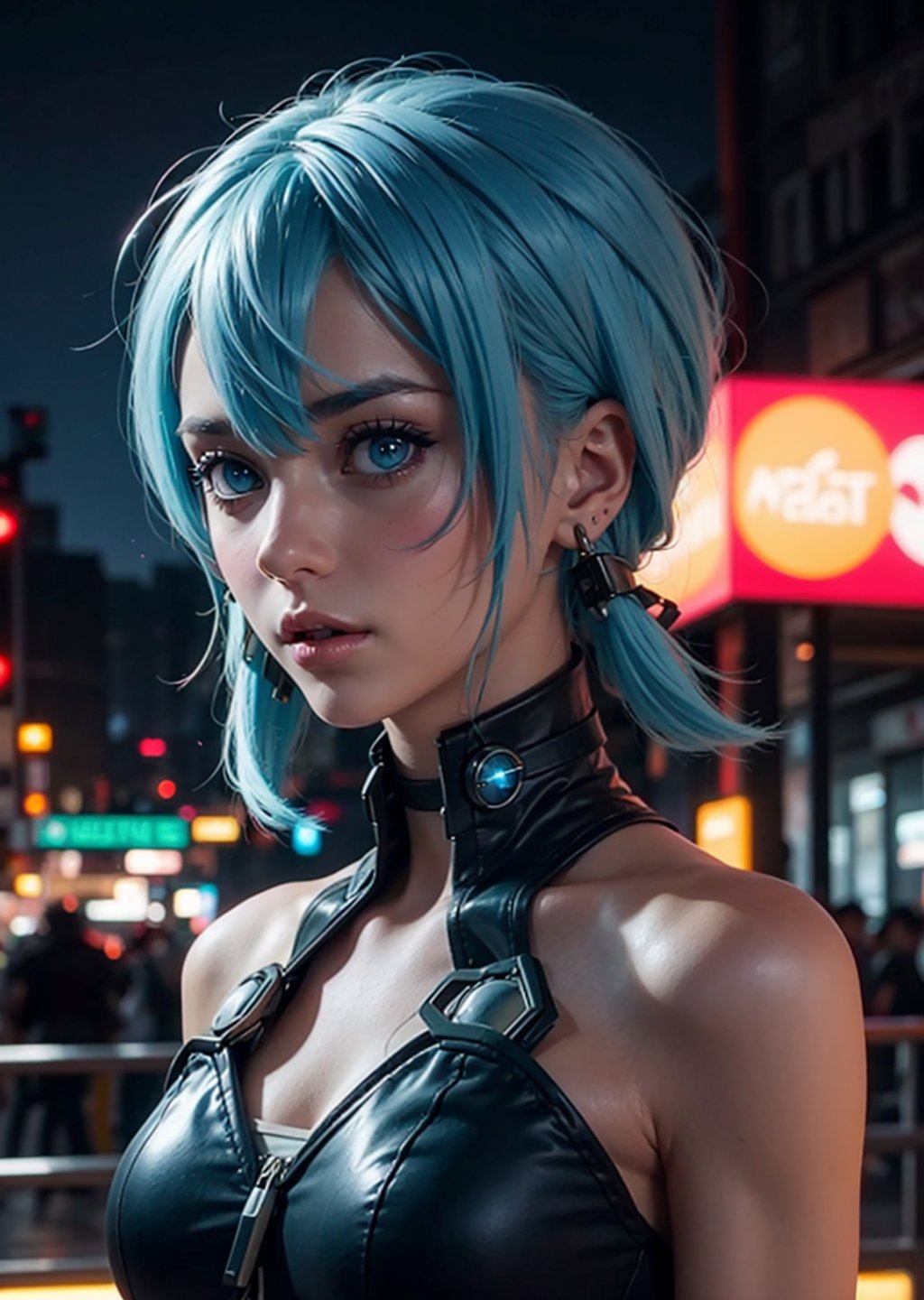 upper body shot,female, woman, cyberpunk scene, blue light hair, Multicolored hair pink, pink lips, neck bone, messy haircut, midnight, city background,SINON1,shionne1