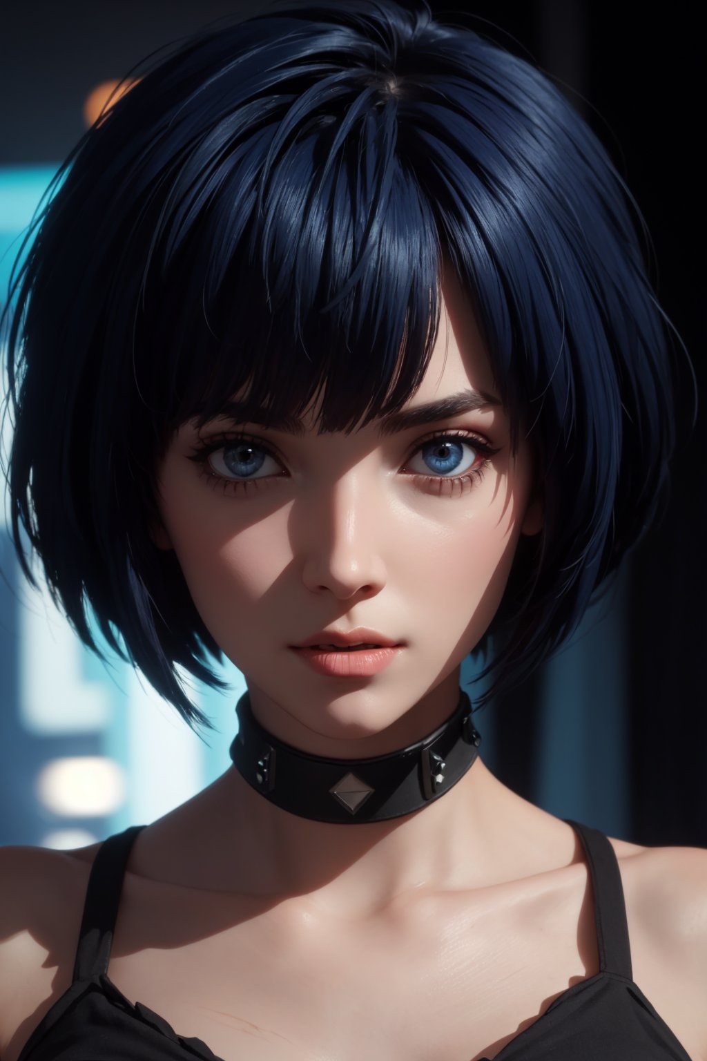 masterpiece, best quality, (detailed background), (beautiful detailed face, beautiful detailed eyes), absurdres, highres, ultra detailed, masterpiece, best quality, detailed eyes, brown_eyes, dark blue hair, alluring, close mouth, neck bone, at the bed room, midnight, cyberpunk scene, neon lights, lightning, light particles, electric, dj theme, synthwave theme, (bokeh:1.1), depth of field, looking_at_viewer, pov_eye_contact, dark blue hair, brownish eyes, fair complexion, pink lips, kinki, Tae Takemi,  short blue dress, smirk, model pose,  messy bob cut, blunt bangs, close fiting clothing, choker, erotic