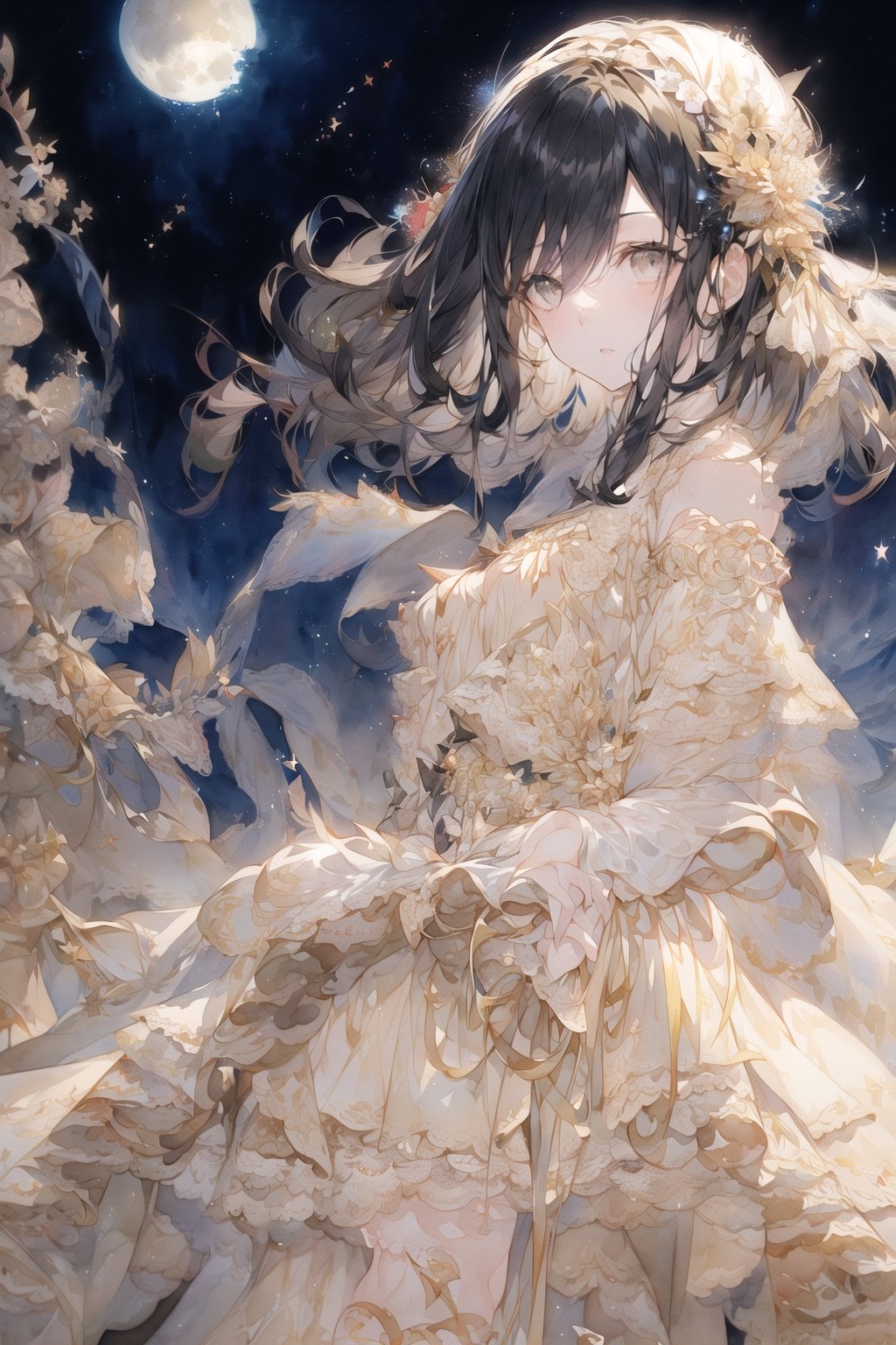 (1girl, black hair, gray eyes, small breasts, medium hair, wavy hair), , Watercolor painting, (Beautifully Aesthetic:1.2), night, beige dress, starry_sky, fullmoon, dress, from_side, black, beige, white,