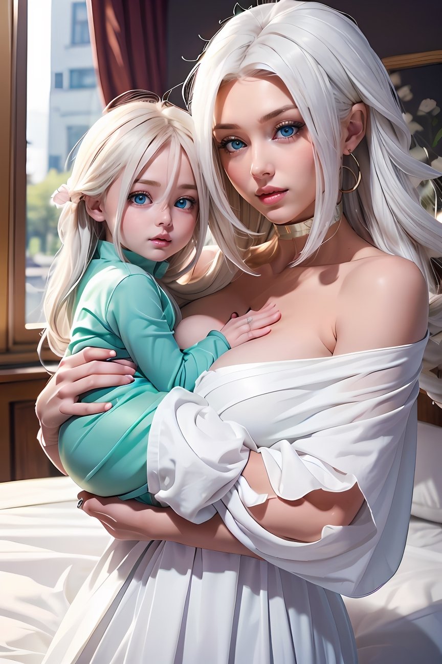 Best quality masterpiece  In a bed being held by her mother in her arms woman with long blonde hair green eyes Newborn baby with white hair, lilac eyes ,defa21