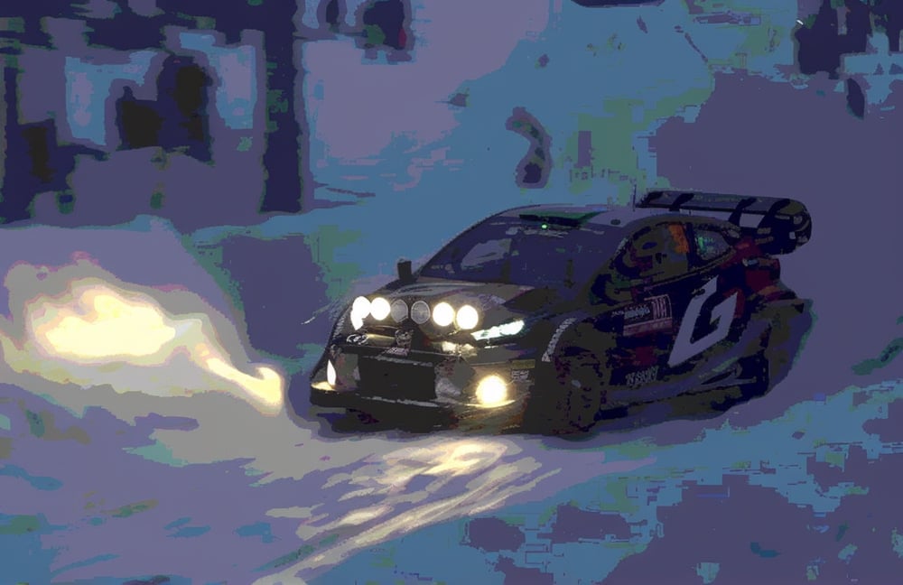 8K quality animation, (high resolution animation), super high resolution rendering, snowy road background, rally car running on a snowy road, many headlights, snowy road illuminated by lights, (rally car), many flag